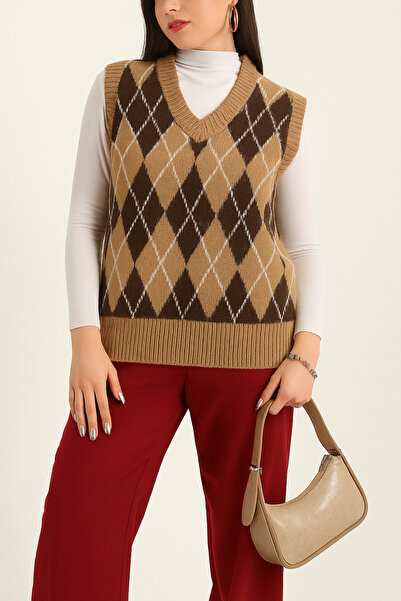 VıoShıne Kadın Baklava Desenli Oversiz Bordo Sakallı Triko Süveter