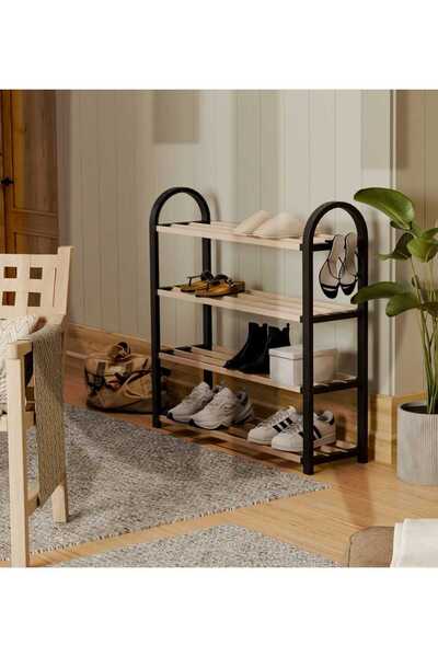 Silkyreal Ahşap Çubuklu 4 Bölmeli Ayakkabılık -Raf Ünitesi