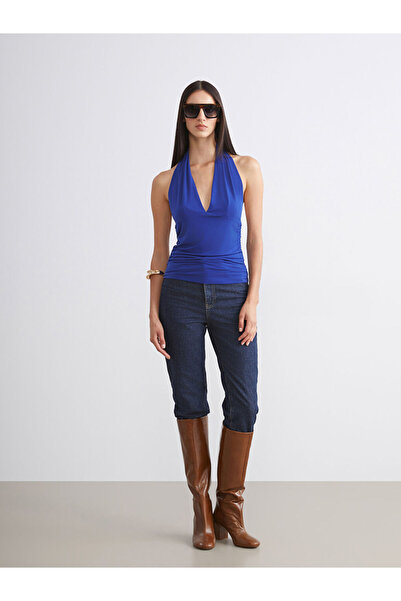 LC Waikiki Navy blue halter neck ruched blouse from plus-store