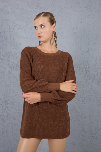 Moda Days Women's Brown Raglan Balloon Sleeve Crew Neck Glitter Knit Sweater