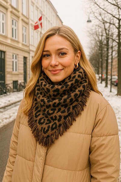 MARBERRY Camel Leopard Patterned Knitwear Triangle Women's Scarf Shawl 55X180 cm