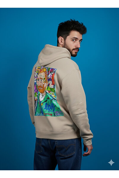By Caspita Fashion Lenithra Pop Art Van Gogh Back Printed Unisex Oversize Beige Hoodie