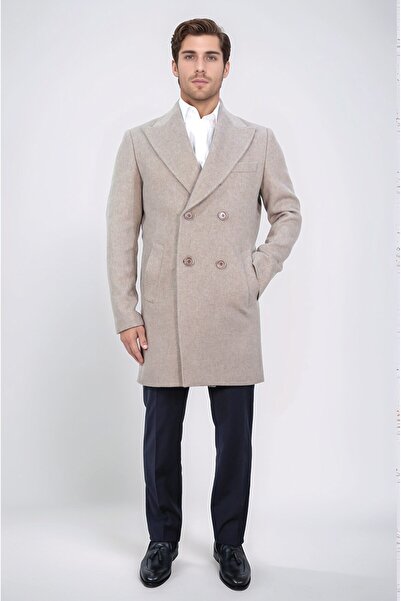 Velvarde Double Breasted Pointed Collar Wool and Cashmere Blend Beige Coat