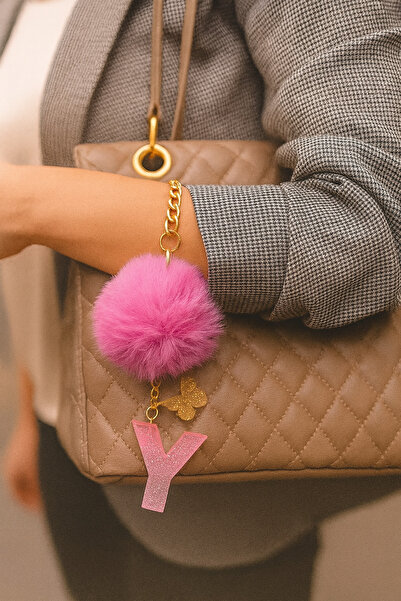 Bellinzona Y буква розов блестящ ключодържател и талисман [с опция за помпон]