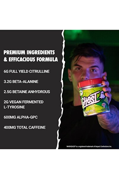Ghost Pre-Workout Energy Powder, Legend All Out - WARHEADS Sour Green Apple, 20 Servings