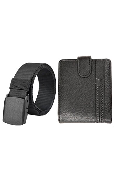 PriStyle Men's Wallet and Belt Set, Synthetic Leather Wallet with 11 Slots, Black