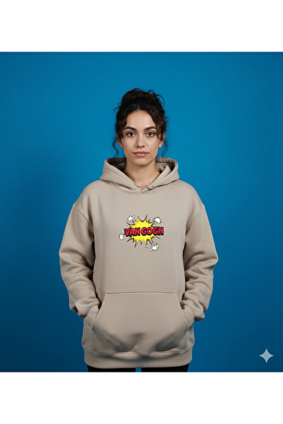 By Caspita Fashion Lenithra Pop Art Van Gogh Back Printed Unisex Oversize Beige Hoodie
