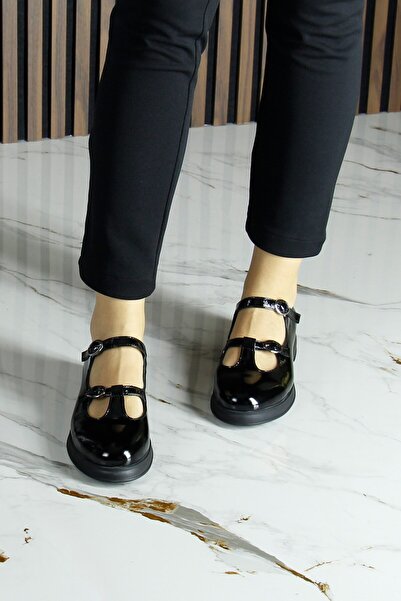 Erkan Saçmacı Black Patent Leather Genuine Cowhide Double Strap Mary Jane Thick Heeled Casual Shoes