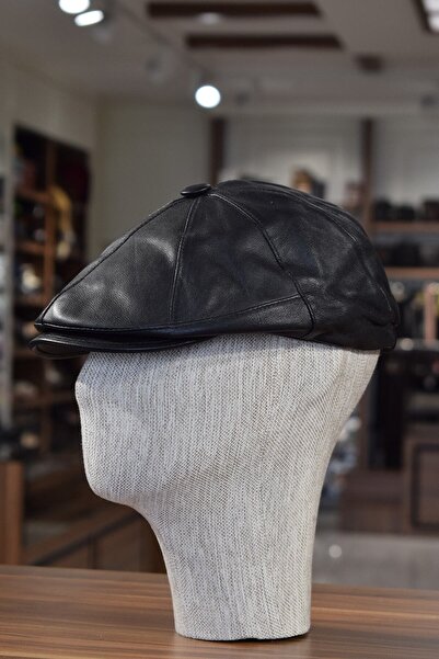 hoaryage Hakiki Deri Siyah Kasket Düğmeli Klasik Kışlık Kasket Lastikli Şapka