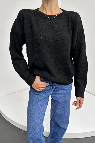 MODA Crew Neck Diamond Patterned Knit Sweater Black