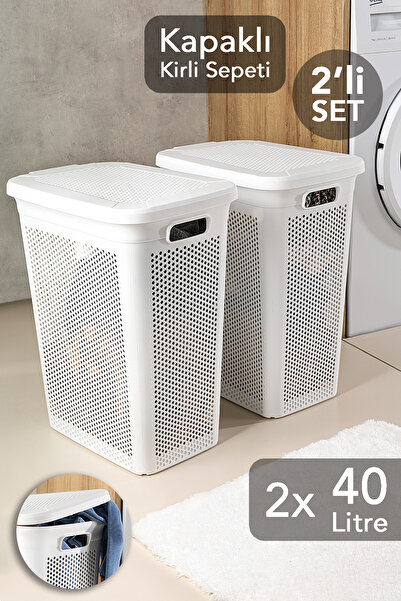 Meleni Home 2'li Kirli Çamaşır Sepeti Seti - 40 Litre Kapaklı Delik Detaylı S...