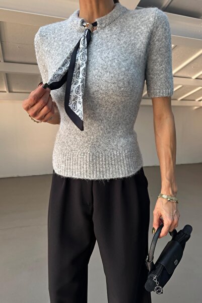 mylove Fularlı Kısa Kol Kazak Gri