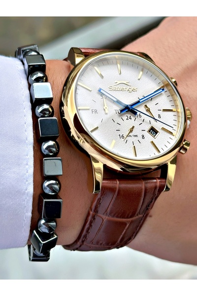 Slazenger Functional Brown-Gold Color 10 Atm Water Resistant Steel Case Men's Wristwatch 2481.06Mr