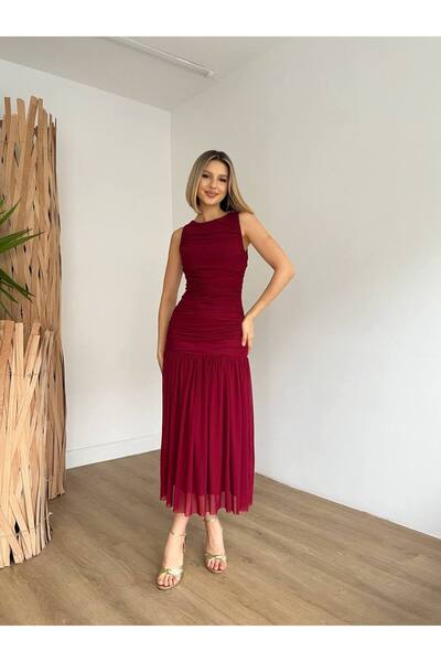 Ü&E MODA Kadın kolsuz astarlı tül elbise