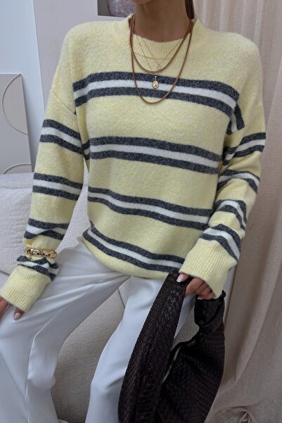 mylove Çizgili Oversize Triko Kazak Sarı