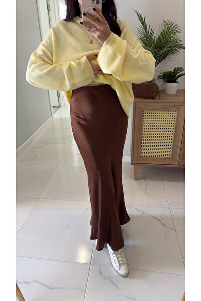 BİRCANÇİL Uryana Brown Satin Fishtail Skirt