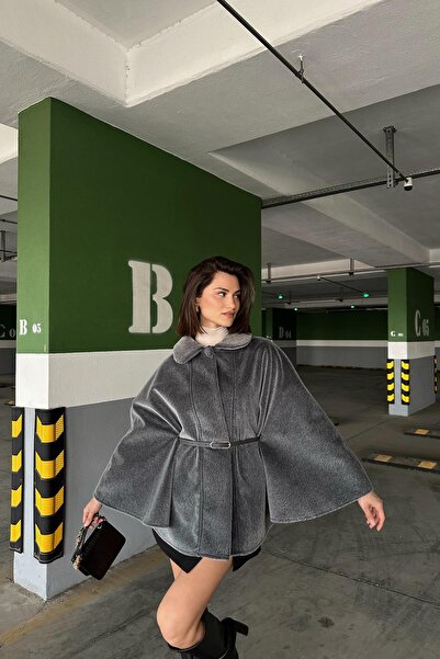 mylove معطف بونشو فاخر من الفرو أنثراسايت