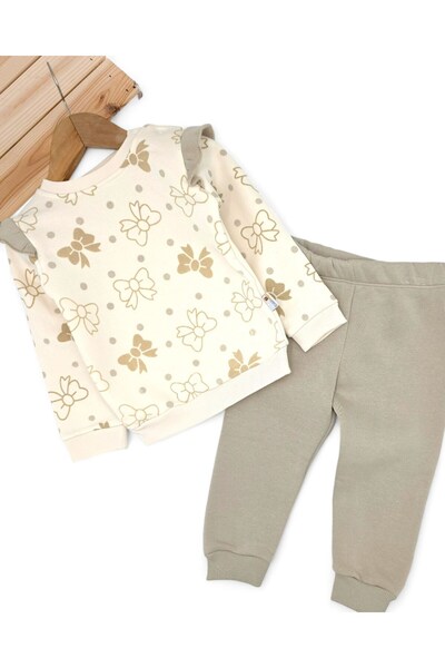 Ege Bebek Kız Bebek Fiyon Baskılı Kışlık 3 İp Şardonlu Fırfırlı 6-9-12-18-24 Ay Alt Üst Şık Takım