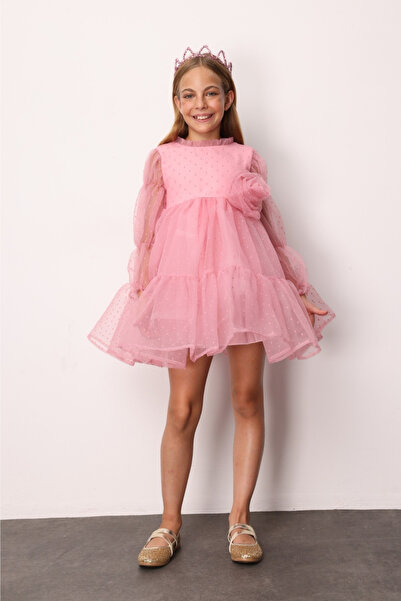 Le Mabelle Gülkurusu Puantiyeli Gül Aksesuarlı Kız Çocuk Elbise - Belinda