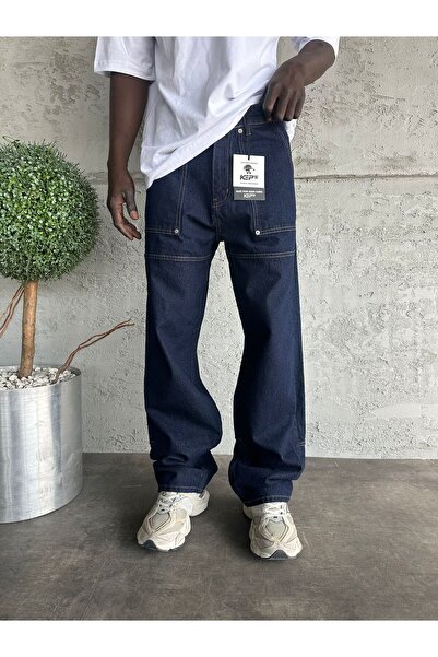 KağanKY Μπλε ναυτικό χαλαρό τζιν με λεπτομέρεια ραφής