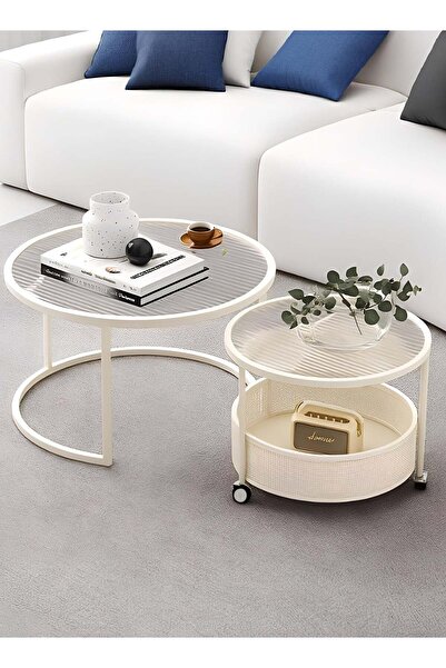 ESMART 2-Piece Nesting Coffee Tables with Shatter-Resistant Glass Top and Steel Frame,Cream White- 70+50cm