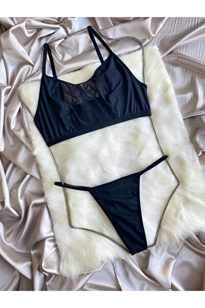 Maly Love Γυναικείο Σετ Εσωρούχων με Λεπτομέρειες από Μαύρη Δαντέλα και Στρινγκ