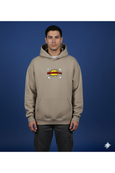 By Caspita Fashion Μπλούζα με κουκούλα Lenithra Pop Art Muhammad Ali με στάμπα στο πίσω μέρος, Unisex Oversize Beige