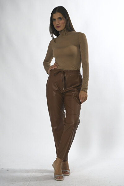 ABBRA Women's Elastic Waist Lace-Up Faux Leather Pants