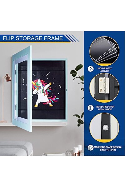 Flippy Magnetic Photo Frame, MDF Wood, A4 Drawing Storage, Tempered Glass, 21x30 cm, Blue