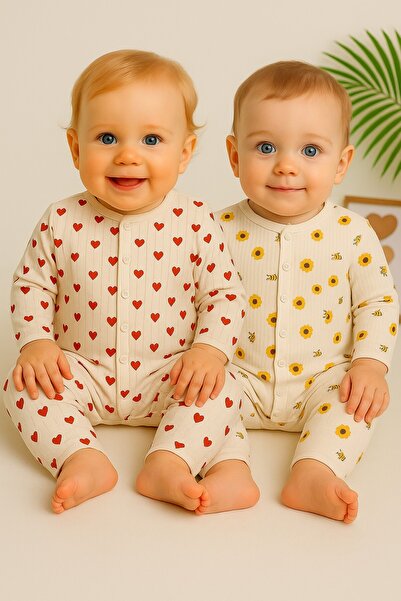 dinamik çocuk Baby Rompers Set of 2-(2Pcs Rompers) Ecru Little Heart and Bee Printed Rompers Set 100% Cotton 1-3-6 Months
