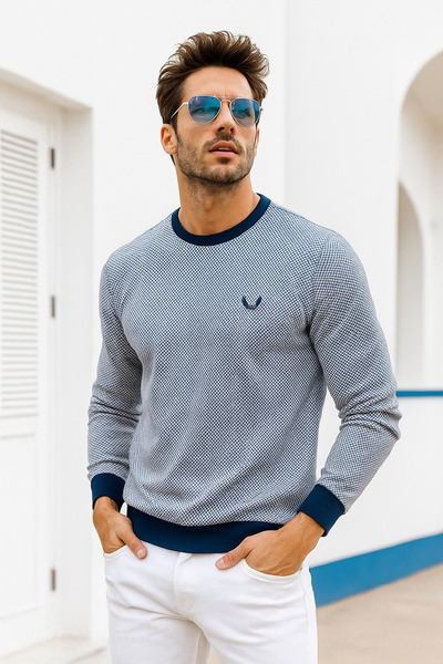 Rich Чоловічий синій светр з квадратним візерунком і велосипедним коміром