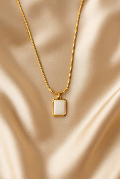 staınless steel Dikdörtgen Beyaz Taşlı Vintage Gold Kolye