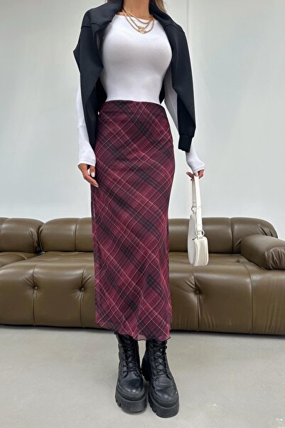 mylove Plaid Tulle Midi Skirt Burgundy
