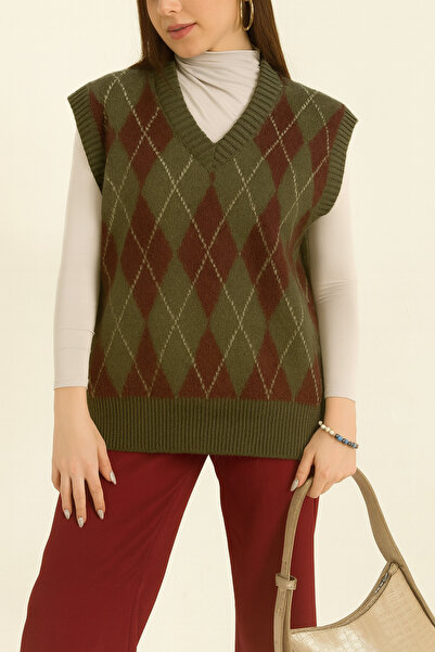 VıoShıne Kadın Baklava Desenli Oversiz Bordo Sakallı Triko Süveter