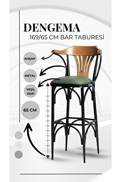 DENGEMA 169/65 Özel Üretim Bar Taburesi / Sandalyesi – 65 cm Yükseklik Yeşil Deri, Ahşap Sırt, Metal Ayak