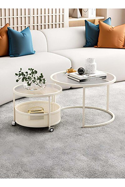 ESMART 2-Piece Nesting Coffee Tables with Shatter-Resistant Glass Top and Steel Frame,Cream White- 70+50cm