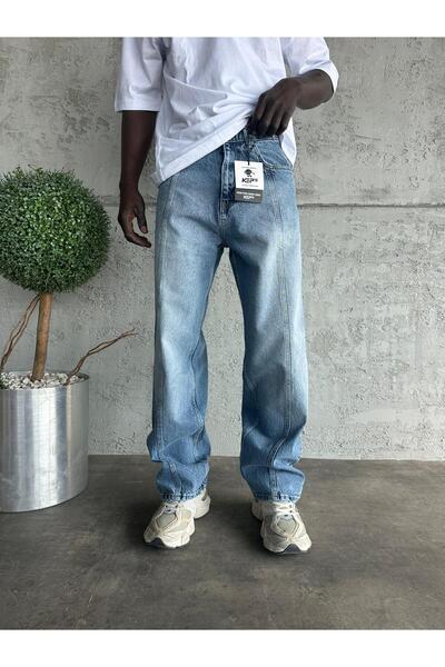 KağanKY Relax Baggy Jean με λεπτομέρεια ραφής και μπλε χρώμα