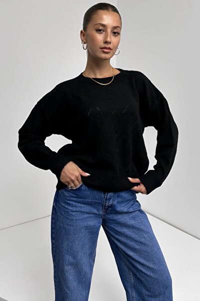 MODA Crew Neck Diamond Patterned Knit Sweater Black