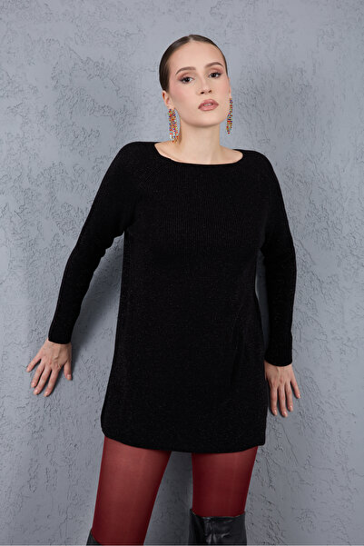 Moda Days Pulover de damă negru cu mâneci raglan, cu gât barcă, tricotat cu sclipici