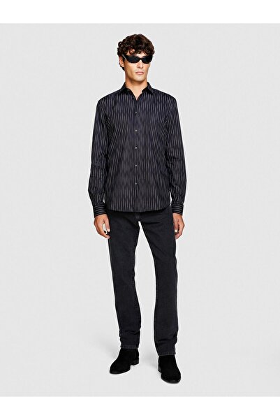 Sisley Men's 100% Cotton Slim Fit Geometric Pattern Poplin Shirt 323A58J2Sq033-Sis83N