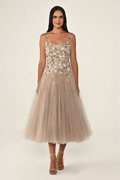 ALFABETA فستان سهرة بيج ميدي بتطريز ترتر وزهور ثلاثية الأبعاد مع تنورة تول