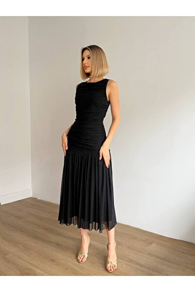 Ü&E MODA Kadın kolsuz astarlı tül elbise