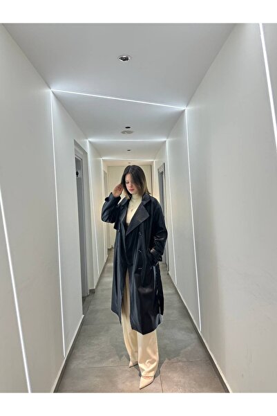 Posh Chic Siyah Uzun Suni Deri Trençkot