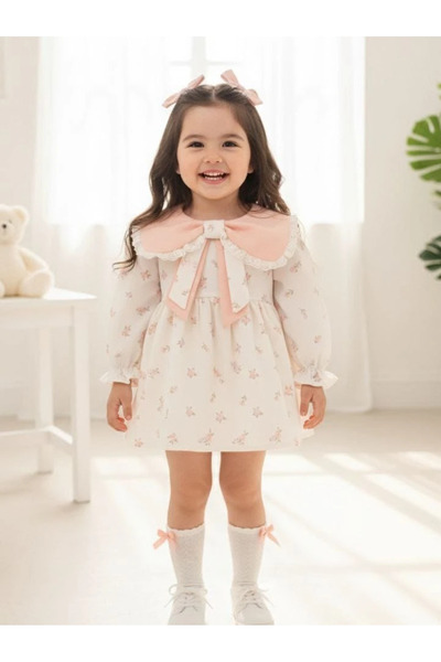 aysskids فستان لويز بياقة فيونكة وأكمام طويلة للعيد والمناسبات الخاصة للفتيات...