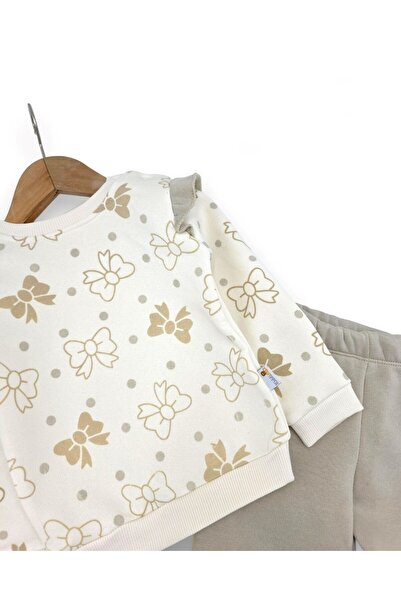 Ege Bebek Kız Bebek Fiyon Baskılı Kışlık 3 İp Şardonlu Fırfırlı 6-9-12-18-24 Ay Alt Üst Şık Takım