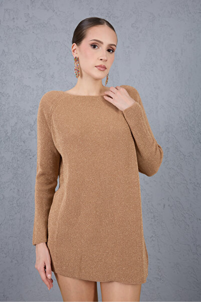 Moda Days Pulover de damă, bej, cu mâneci raglan, cu gât barcă, tricotat cu sclipici