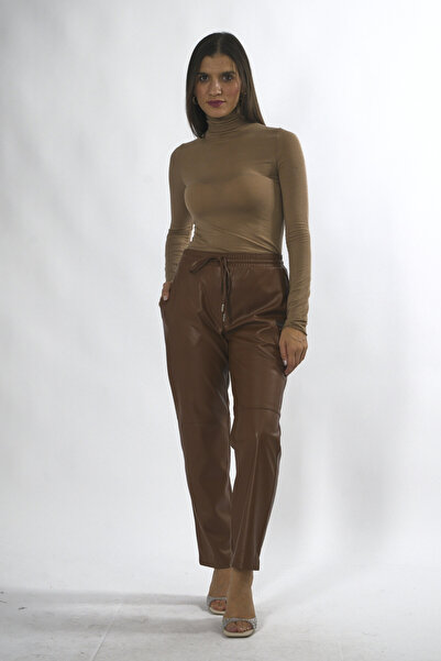 ABBRA Women's Elastic Waist Lace-Up Faux Leather Pants