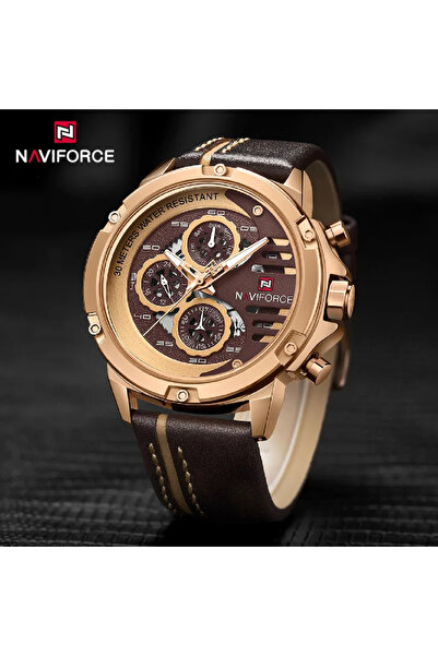 Naviforce Ανδρικό Ρολόι Elegant Casual Αναλογικό Χαλαζία Χρονόμετρο Καφέ Ροζ Χρυσό