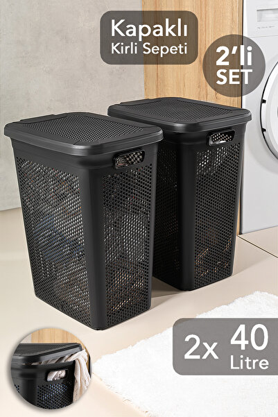 Meleni Home 2'li Kirli Çamaşır Sepeti Seti - 40 Litre Kapaklı Delik Detaylı S...