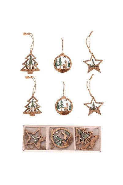vivimall Set 6 Wooden Christmas Decorations, With String For Hanging In The Tree, Globe And Star